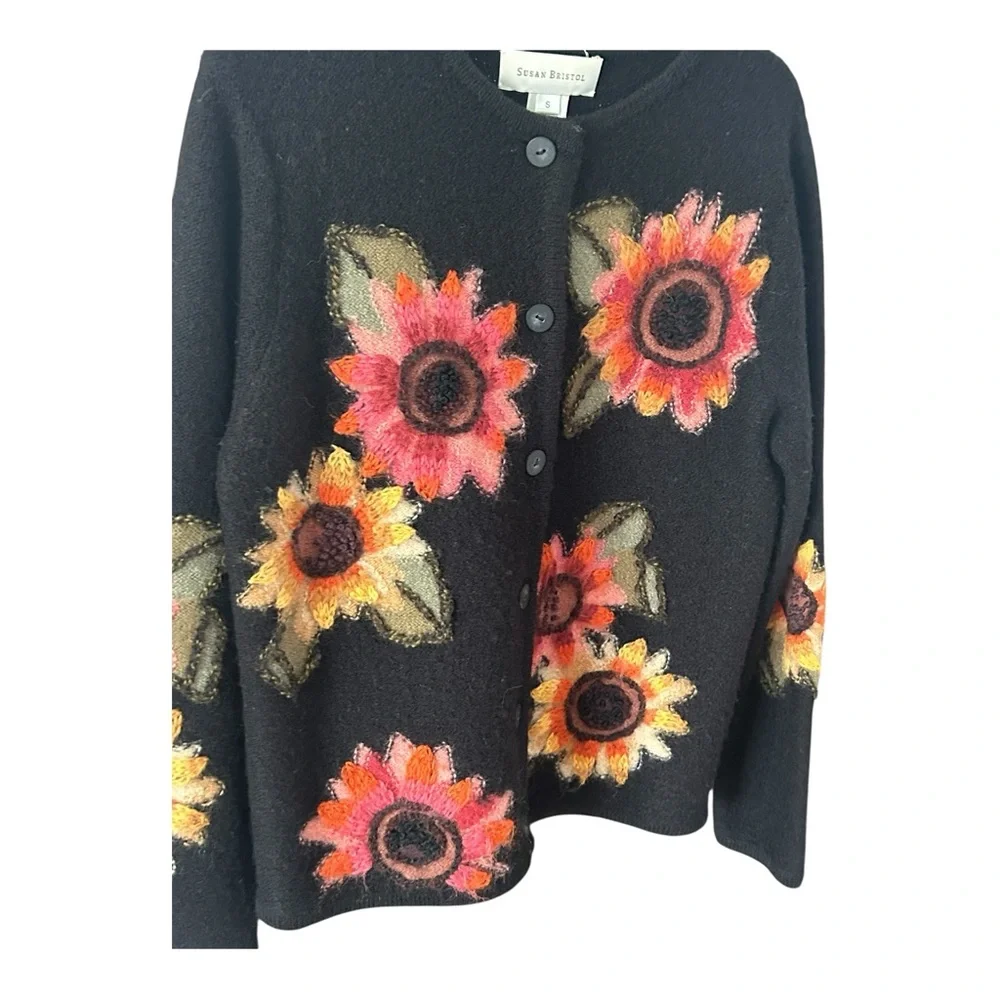 Susan Bristol Sunflower Cardigan Sweater Sz S BOHO Multicolor Embroidered Wool